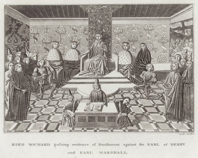 Król Ryszard wydał wyrok wygnania na hrabiego Derby i hrabiego Marshalla autorstwa English School