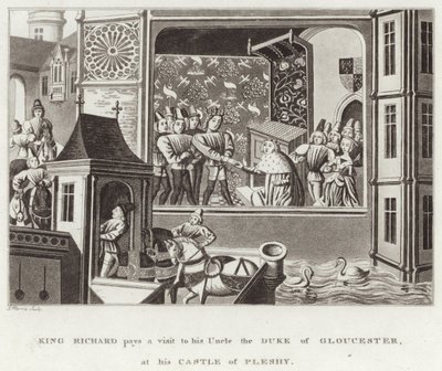 Król Ryszard odwiedza swojego wuja księcia Gloucester w swoim zamku Pleshy autorstwa English School