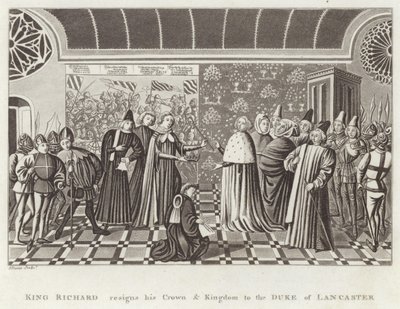 Król Ryszard rezygnuje z korony i królestwa na rzecz księcia Lancaster autorstwa English School