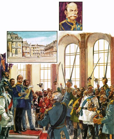 Król Wilhelm Pruski ogłaszający utworzenie zjednoczonego Cesarstwa Niemieckiego w pałacu wersalskim autorstwa English School