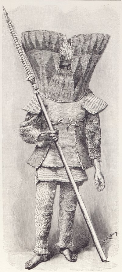 Kingsmill Islander w pełnej zbroi, z Historii ludzkości, tom 1, autorstwa prof. Friedricha Ratzela, 1896 autorstwa English School