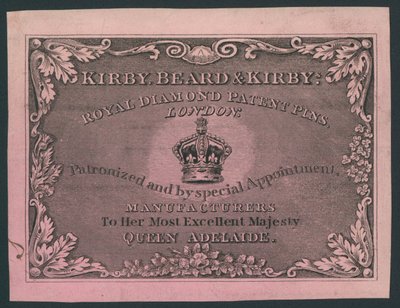 Kirby, Beard and Kirby, Royal Diamond Patent Pins, karta handlowa autorstwa English School