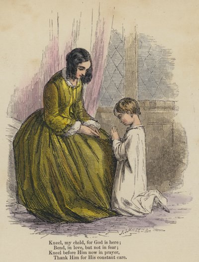 Uklęknij moje dziecko, bo Bóg jest tutaj; Pochyl się w miłości, ale nie w strachu; Uklęknij przed Nim teraz w modlitwie, Podziękuj Mu za stałą opiekę (kolorowy grawerunek) autorstwa English School