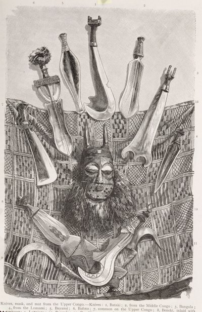 Noże, maska i mata z Górnego Kongo, z "The History of Mankind", Vol.III, prof. Friedrich Ratzel, 1898 autorstwa English School
