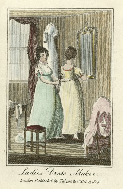 Wytwórnia ubiorów damskich, wyd. 1804 (grawerowanie ręcznie kolorowane) autorstwa English School