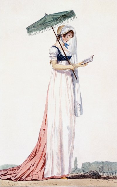 Damska elegancka letnia sukienka z parasolką, Delacourt, 1770 (kolorowy grawerunek) autorstwa English School