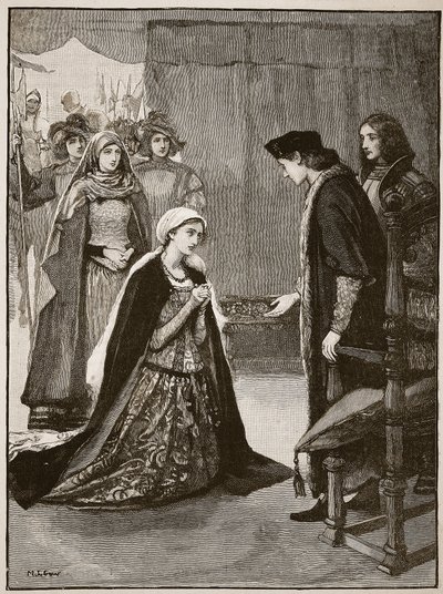 Lady Catherine Gordon przed Henrykiem VII, ilustracja z Cassells Illustrated History of England (zdjęcie w sepii) autorstwa English School