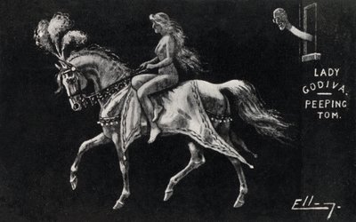 Lady Godiva jadąca nago na koniu ulicami Coventry, obserwowana przez podglądającego Toma (lito) autorstwa English School