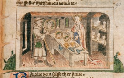 Lady Hagiografia pokazuje pielgrzymowi jej wystawę balsamów i artykułów toaletowych, ilustracja z angielskiego tłumaczenia „Pielgrzymki życia człowieka” Guillaume