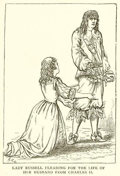 Lady Russell błaga o życie swojego męża od Karola II autorstwa English School