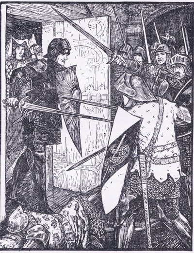 Lancelot wychodzi z pokoju Guenevere, ilustracja z „Księgi romansów” wydanej przez Longmans Green and Co autorstwa English School