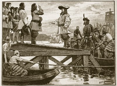 Lądowanie Marshalla Schomberga w Carrickfergus, ilustracja z Cassells Illustrated History of England (zdjęcie w sepii) autorstwa English School