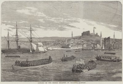 Lądowanie piechoty francuskiej w Gallipoli (grafika) autorstwa English School