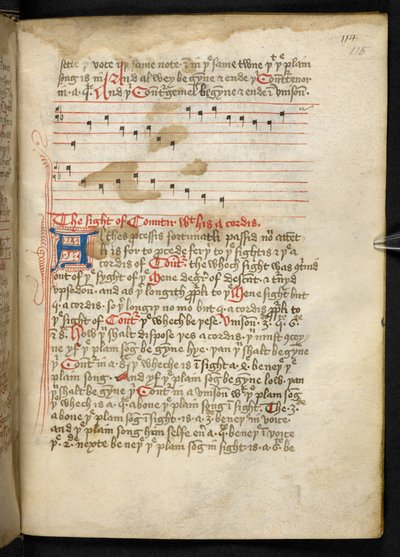 Lansdowne 763, f.115r, tom słusznie napisany na welinie w XV wieku, zawierający starożytne i bardzo interesujące traktaty o muzyce różnych autorów. autorstwa English School