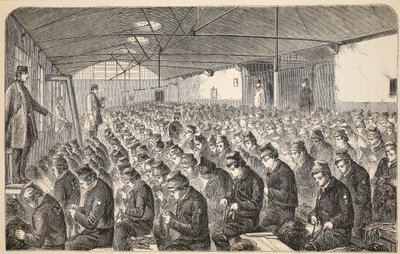 Duża sala Oakum (pod cichym systemem) w Middlesex House of Correction, Coldbath Fields, ilustracja z The Criminal Prisons of London i Scenes from Prison Life autorstwa Henry