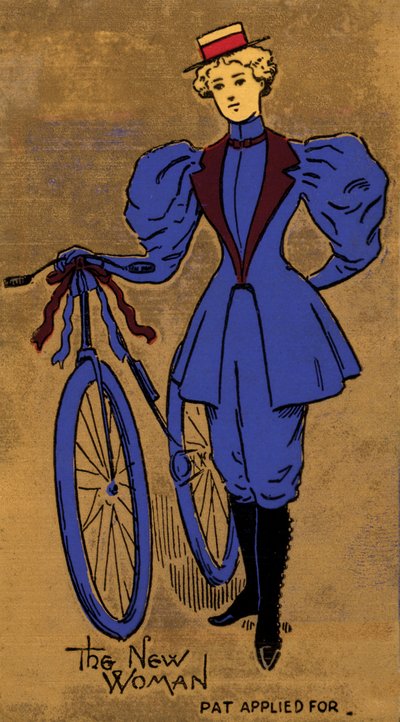 Kobieta i jej rower z końca XIX lub początku XX wieku, symbol początku wyzwolenia kobiet (kolorowa litografia) autorstwa English School