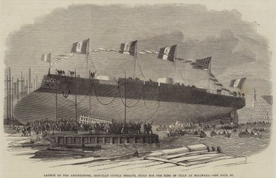 Uruchomienie Affondatore, żelaznej fregaty z kopułą, zbudowanej dla króla Włoch w Millwall, 1865 autorstwa English School