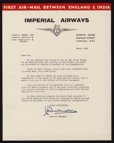 Uruchomienie pierwszej usługi poczty lotniczej między Anglią a Indiami przez Imperial Airways w marcu 1929 (lito) autorstwa English School