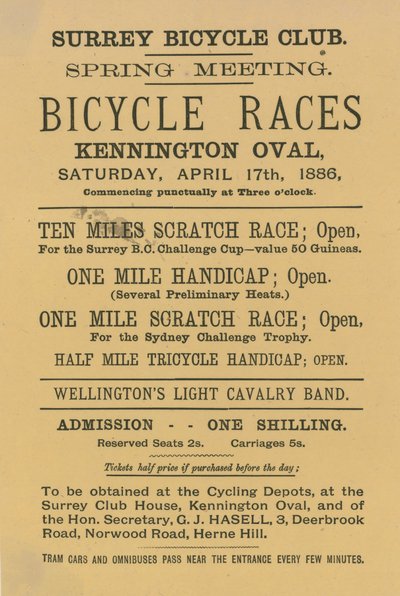 Ulotka reklamująca wyścigi rowerowe w Kennington Oval, 17 kwietnia 1886 r. autorstwa English School