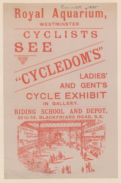 Ulotka reklamująca wystawę Cycledoms Ladies and Gents Cycle w Królewskim Akwarium autorstwa English School