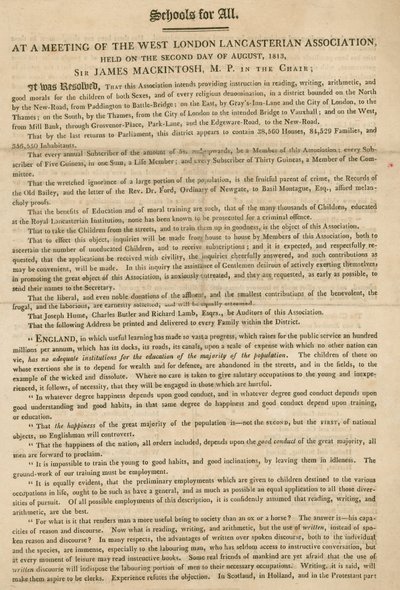 Ulotka wyjaśniająca rezolucję West London Lancasterian Association, aby rozpocząć nauczanie dzieci, sierpień 1813 r autorstwa English School