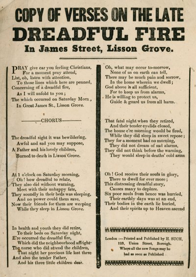 Ulotka z wierszem odnoszącym się do pożaru na James Street, Lisson Grove, Londyn autorstwa English School