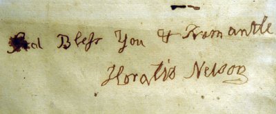 Leworęczne pismo admirała Lorda Nelsona (pióro i atrament na papierze) autorstwa English School