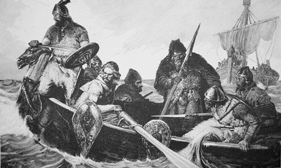 Leif Ericson odkrywa brzeg Winlandii Dobrej, prawdopodobnie Nową Fundlandię (rycina) autorstwa English School