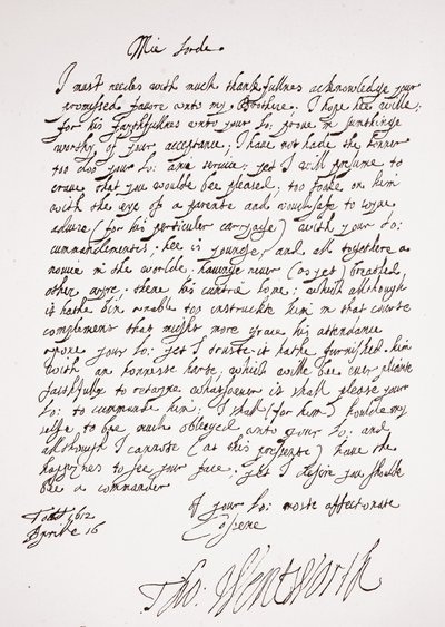 List Thomasa Wentwortha, 16 kwietnia 1612 r autorstwa English School