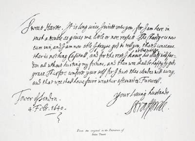 List Lorda Strafforda do żony, z Tower of London, 4 lutego 1640 r autorstwa English School