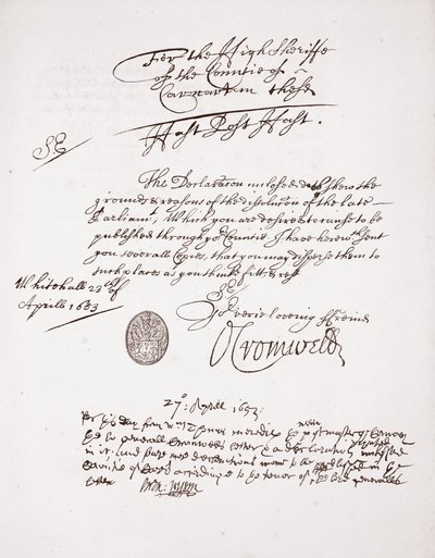 List od Olivera Cromwella, kwiecień 1653 autorstwa English School