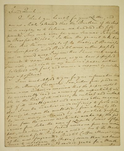 List od William Woodfall (1746-1803) do aktora Johna Quicka (1748–1831) dotyczący korzystnych recenzji Johna Hendersona w Haymarket autorstwa English School