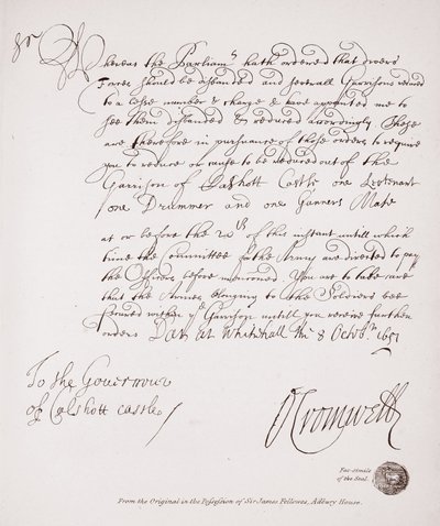 List do gubernatora zamku Calshott od Olivera Cromwella, 1651, faksymile oryginału będącego w posiadaniu Sir Jamesa Fellowesa, Adbury House autorstwa English School