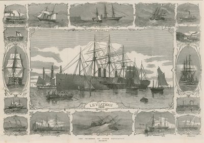 Lewiatan 1858; montaż obrazów pokazujących postępy nawigowania parowego autorstwa English School