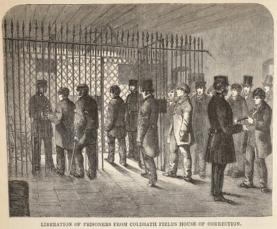 Wyzwolenie więźniów z Domu Karnego Coldbath Fields, ilustracja z The Criminal Prisons of London i Scenes from Prison Life autorstwa Henry