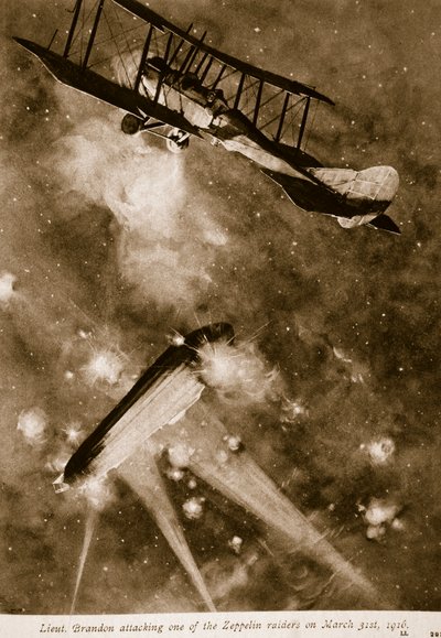 porucznik. Brandon atakuje jednego z najeźdźców Zeppelinów 31 marca 1916, 1914-19 autorstwa English School