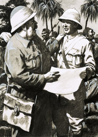 Porucznik Downes i artysta Melton Prior z rysunkiem Priora przedstawiającym atak na Minhla autorstwa English School