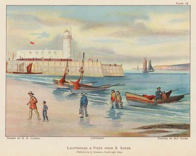 Latarnia morska i molo z South Sands, Scarborough (kolorowa litografia) autorstwa English School