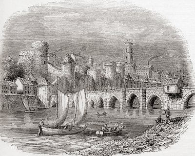Limerick, hrabstwo Limerick, Irlandia, pokazujący Zamek Króla Jana nad rzeką Shannon i most Thomand, ze Starej Anglii: A Pictorial Museum, pub. 1847 autorstwa English School