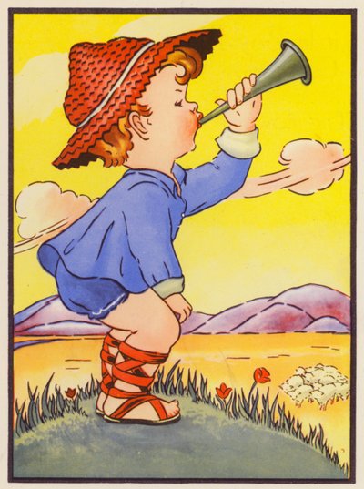 "Little Boy Blue, come blow your horn" (kolorowa litografia) autorstwa English School