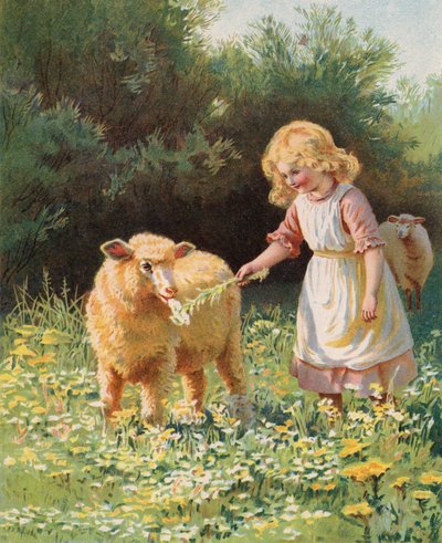 Mała dziewczynka karmi owce kwiatem na łące (chromolitho) autorstwa English School