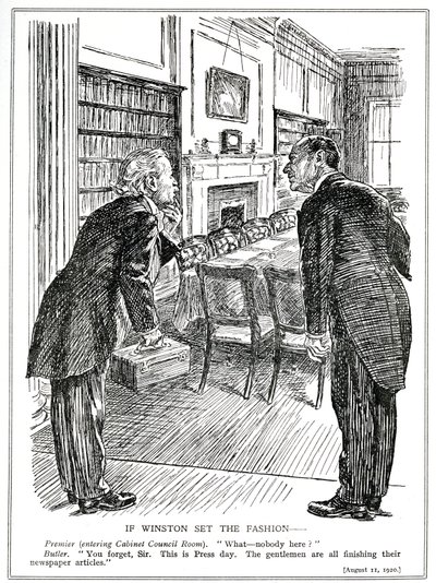 Lloyd George wchodzi do sali gabinetowej, w której nie ma ministrów zajętych pisaniem artykułów do gazet, sierpień 1920 autorstwa English School