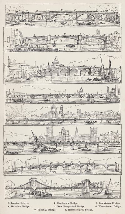 London Bridge, Southwark Bridge, Blackfriars Bridge, Waterloo Bridge, New Hungerford Bridge, Westminster Bridge, Vauxhall Bridge, Hammersmith Bridge (ryty) autorstwa English School