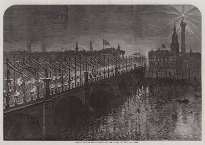London Bridge oświetlony w noc 10. miesiąca (rycina) autorstwa English School