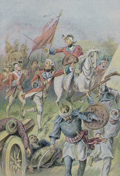 Lord Clive dowodzący Brytyjczykami w bitwie pod Plassey, Indie, 1757 autorstwa English School