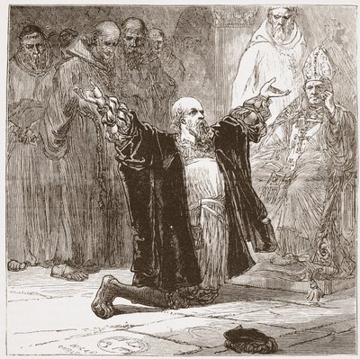Lord Cobham przed biskupami, ilustracja z Historii protestantyzmu Jamesa Aitkena Wylie (1808-1890), wyd. 1878 autorstwa English School