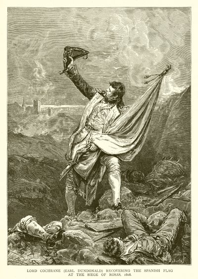 Lord Cochrane (Earl Dundonald) odzyskujący hiszpańską flagę podczas oblężenia Rosas, 1808 autorstwa English School