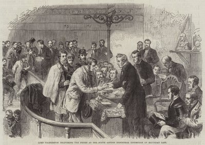 Lord Palmerston wręcza nagrody na wystawie przemysłowej w południowym Londynie w ostatnią sobotę (grawerowanie) autorstwa English School