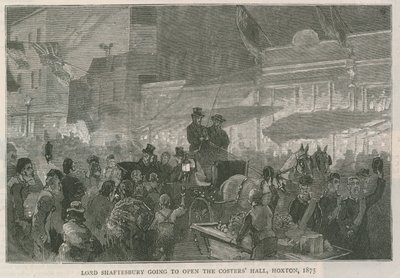 Lord Shaftesbury zamierza otworzyć Costers Hall, Hoxton, Londyn, 1875 r autorstwa English School
