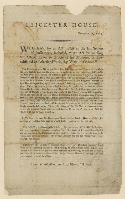 Loteria do dyspozycji Sir Ashton Levers Museum, 1784 autorstwa English School